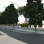Rendering del nuovo tratto di via delle Vele a Montalto Marina con pista ciclabile, marciapiede e aiuola alberata centrale