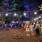 stand enogastronomici illuminati nel bosco durante l’evento BoscodiVino 2025 a Lariano